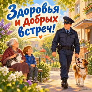 День участковых уполномоченных полиции — открытка «Здоровья и добрых встреч!» с уютным двором и спокойной прогулкой
