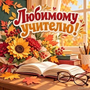 День учителя — открытка «Любимому учителю!» с раскрытой книгой, очками и осенними цветами