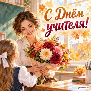 День учителя — открытка «С Днём учителя!» с учительницей и букетом георгин у окна класса