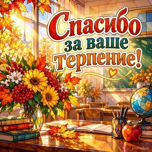 День учителя — открытка «Спасибо за ваше терпение!» со светлым классом и солнечными кленовыми листьями