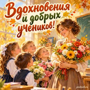 День учителя — открытка «Вдохновения и добрых учеников!» с учителем и учениками, дарящими цветы