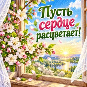 День весеннего равноденствия — открытка «Пусть сердце расцветает!» с цветущей веткой у открытого окна