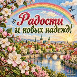 День весеннего равноденствия — открытка «Радости и новых надежд!» с радугой над спокойным весенним городом
