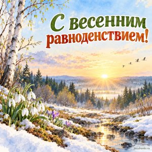 День весеннего равноденствия — открытка «С весенним равноденствием!» с восходящим солнцем над лесом и тающим снегом