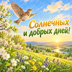 День весеннего равноденствия — открытка «Солнечных и добрых дней!» с жаворонком над красивым весенним полем