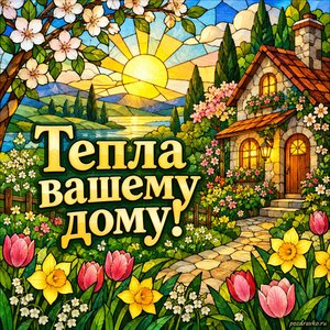 День весеннего равноденствия — открытка «Тепла вашему дому!» с уютным домиком и солнечным садом