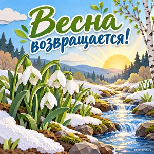 День весеннего равноденствия — открытка «Весна возвращается!» с первыми подснежниками у ручья