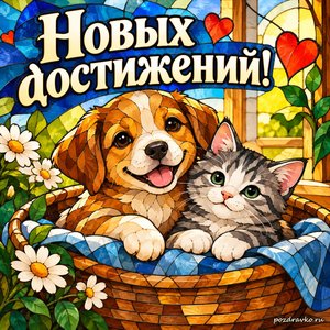 День ветеринара — открытка «Новых достижений!» с щенком и котёнком в уютной корзине