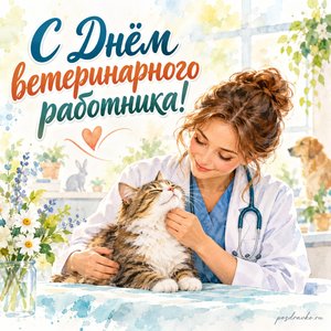 День ветеринара — открытка «С Днём ветеринарного работника!» с ветеринаром и спокойным котом