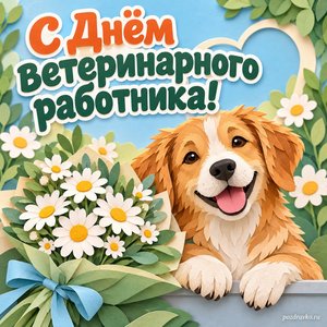 День ветеринара — открытка «С Днём ветеринарного работника!» с собакой и букетом ромашек