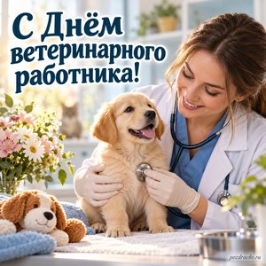 День ветеринара — открытка «С Днём ветеринарного работника!» с ветеринаром, бережно осматривающим щенка