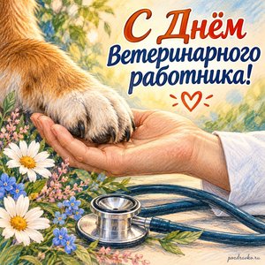 День ветеринара — открытка «С Днём ветеринарного работника!» с стетоскопом и лапой животного