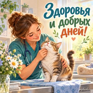 День ветеринара — открытка «Здоровья и добрых дней!» с котом в светлом ветеринарном кабинете