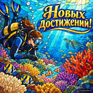 День водолаза — открытка «Новых достижений!» с исследователем у кораллов без повреждения природы