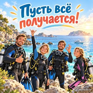 День водолаза — открытка «Пусть всё получается!» с водолазной командой на берегу