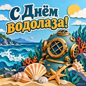 День водолаза — открытка «С Днём водолаза!» с водолазным шлемом и морскими ракушками