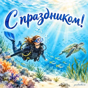 День водолаза — открытка «С праздником!» с водолазом в безопасном подводном пространстве