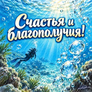 День водолаза — открытка «Счастья и благополучия!» с пузырьками воздуха в прозрачной воде