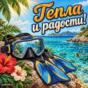 День водолаза — открытка «Тепла и радости!» с маской, ластами и бирюзовым морем