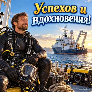День водолаза — открытка «Успехов и вдохновения!» с водолазом у исследовательского судна