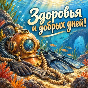 День водолаза — открытка «Здоровья и добрых дней!» с подводными инструментами и мягким солнечным светом