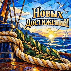 День ВМФ — открытка «Новых достижений!» с корабельным канатом и веточкой лавра