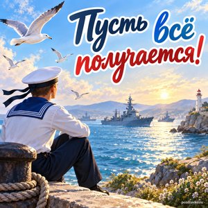 День ВМФ — открытка «Пусть всё получается!» с чайками над морской бухтой