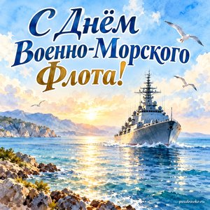 День ВМФ — открытка «С Днём Военно-Морского Флота!» с кораблём в спокойном летнем море