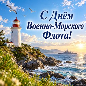 День ВМФ — открытка «С Днём Военно-Морского Флота!» с маяком на зелёном берегу