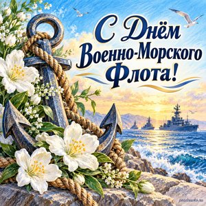 День ВМФ — открытка «С Днём Военно-Морского Флота!» с якорем и белыми цветами
