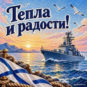 День ВМФ — открытка «Тепла и радости!» с морским судном на рассвете