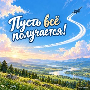 День ВВС — открытка «Пусть всё получается!» с воздушной линией над зелёной долиной