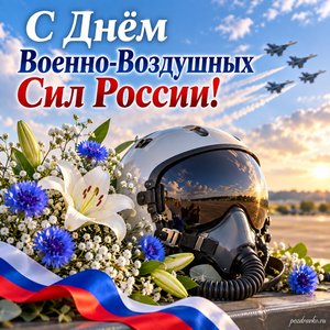 День ВВС — открытка «С Днём Военно-Воздушных Сил России!» с авиационным шлемом и цветами