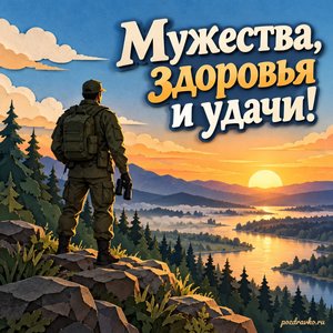 День военного разведчика — открытка «Мужества, здоровья и удачи!» с силуэтом человека в нейтральной форме на рассвете