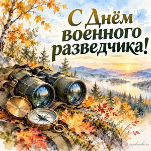 День военного разведчика — открытка «С Днём военного разведчика!» с биноклем и компасом среди осенних листьев