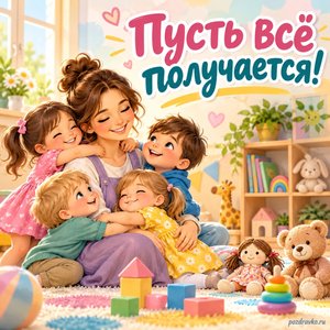 День воспитателя — открытка «Пусть всё получается!» с уютным игровым уголком
