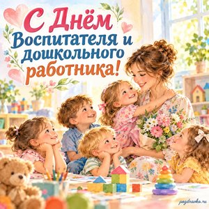 День воспитателя — открытка «С Днём воспитателя и дошкольного работника!» с воспитателем и детьми в светлом детском саду