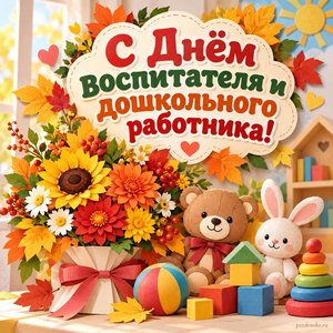 День воспитателя — открытка «С Днём воспитателя и дошкольного работника!» с букетом осенних цветов и игрушками