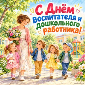 День воспитателя — открытка «С Днём воспитателя и дошкольного работника!» с воспитателем на безопасной прогулке с детьми