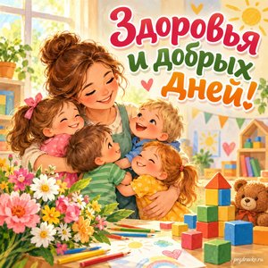 День воспитателя — открытка «Здоровья и добрых дней!» с цветными карандашами и кубиками без букв