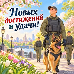 День Росгвардии — открытка «Новых достижений и удачи!» с солнечным городским кварталом и первыми цветами
