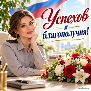 День Росгвардии — открытка «Успехов и благополучия!» с сотрудницей у светлого рабочего стола