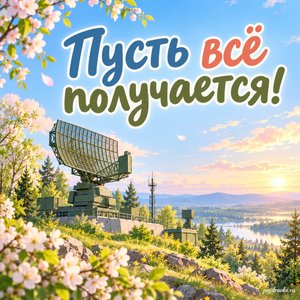 День ПВО — открытка «Пусть всё получается!» с радаром среди весенних деревьев День ПВО — открытка «Пусть всё получается!» с радаром среди весенних деревьев