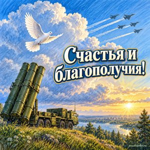 День ПВО — открытка «Счастья и благополучия!» с крупным облаком и летящей белой птицей День ПВО — открытка «Счастья и благополучия!» с крупным облаком и летящей белой птицей