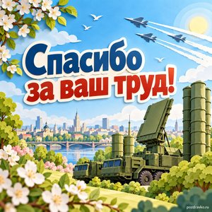 День ПВО — открытка «Спасибо за ваш труд!» с мирным небом над весенним городом День ПВО — открытка «Спасибо за ваш труд!» с мирным небом над весенним городом