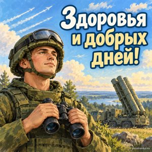 День ПВО — открытка «Здоровья и добрых дней!» с военнослужащим без знаков различия на фоне спокойного неба День ПВО — открытка «Здоровья и добрых дней!» с военнослужащим без знаков различия на фоне спокойного неба