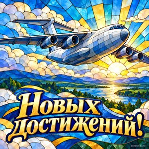 День ВДВ — открытка «Новых достижений!» с самолётом без эмблем в мягком свете День ВДВ — открытка «Новых достижений!» с самолётом без эмблем в мягком свете