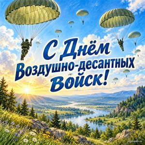 День ВДВ — открытка «С Днём Воздушно-десантных войск!» с парашютами над летней долиной День ВДВ — открытка «С Днём Воздушно-десантных войск!» с парашютами над летней долиной