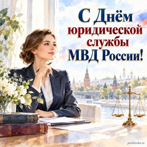 День юридической службы МВД России — открытка «С Днём юридической службы МВД России!» с юристом в деловом костюме у светлого окна
