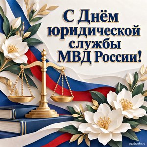 День юридической службы МВД России — открытка «С Днём юридической службы МВД России!» с весами правосудия и белыми цветами